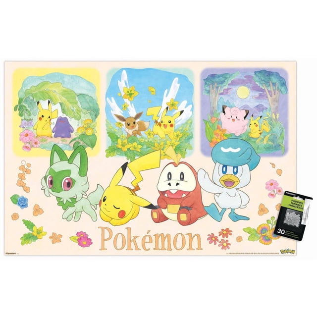 Pokémon: One Scene - Group Wall Poster, 14.725" x 22.375" framed featuring vibrant illustrations of Pikachu, Eevee, Ditto, Shaymin, Cyndaquil, Piplup, and Cleffa in three nature-themed scenes with flowers and greenery on a cream background, ideal wall art for home décor and kid's rooms.