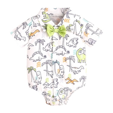 YOUSNH Boys Short Sleeve Cartoon Dinosaur Prints Romper Bodysuits Gentleman Clothes Boys Bodysuits White 12-18 Months