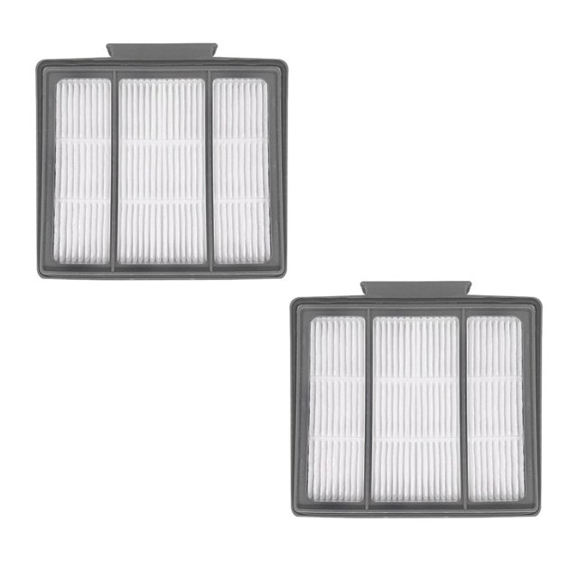 Replacement filters for Shark Ion Robot models RV850, RV1000, and RV860WVC, shown in a set of two. Each filter features a rectangular design with a durable grey frame and pleated white filtration material. These filters are designed to capture dust, allergens, and pet hair, ensuring optimal vacuum performance and improved indoor air quality. Suitable for models RV700_N and RVFFK950 as well, these filters are easy to install and built for long-lasting use.