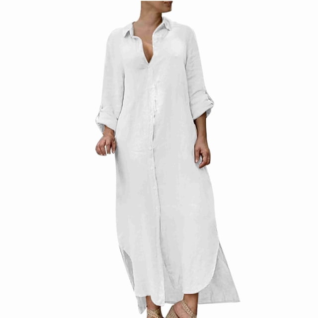 Pisexur Robe Chemise pour Femmes en Coton et Lin Chic à Boutons, Manches Retroussables, Longue Blouse, Robe Maxi