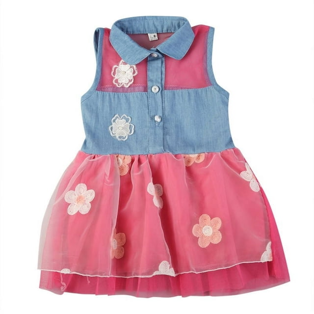 Été Enfants Bébé Fille Tenues Denim Sans Manches Tutu Robe Bambin Filles Partie Fleur Tulle Taille Robes 2-8Y