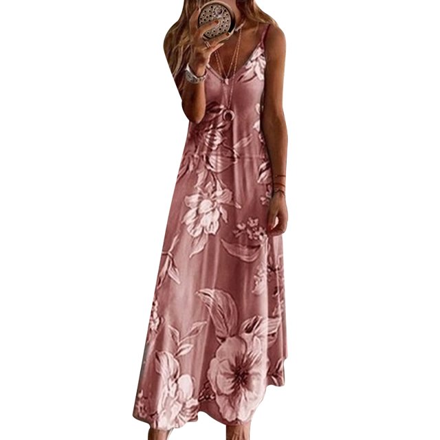 Bellella Robe Trapèze Sans Manches à Bretelles Col en V Longue Robe Maxi Sexy Imprimé Floral Quotidien Rose TG