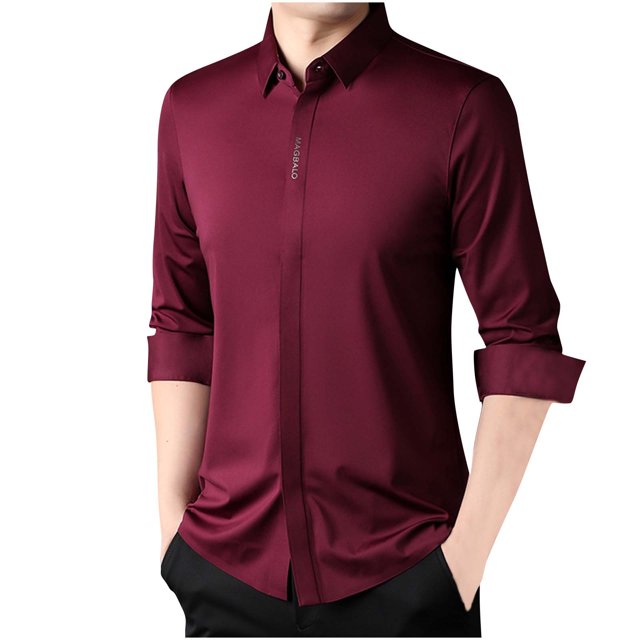 LNWUY Men's Long Sleeve Shirts Quick Dry Performance Shirt Spring Autumn Solid Color Padded Warm Comfortable Flip Collar Shirts Red M