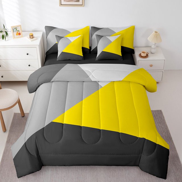 YST 7-Piece Bedding Set, Yellow Grey Black Patchwork Geometry, Modern Abstract, Full