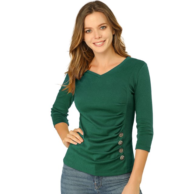 INSPIRE CHIC Women's Button Decor V Neck 3/4 Sleeve Solid Blouse Knitted Ruched Top