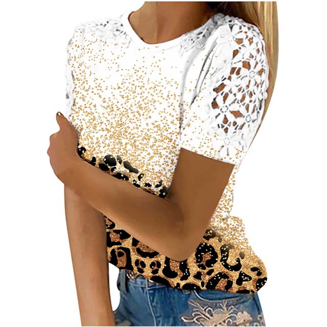 Birdeem Womens Fashion Summer Round Neck Leisure Short Sleeve Printed Lace Stitching Tops