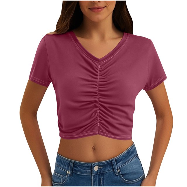 Timegard Hauts d'Été pour Femmes Col en V Froncé Manches Courtes Crop Top Décontracté Ajusté T-Shirt Uni Mode