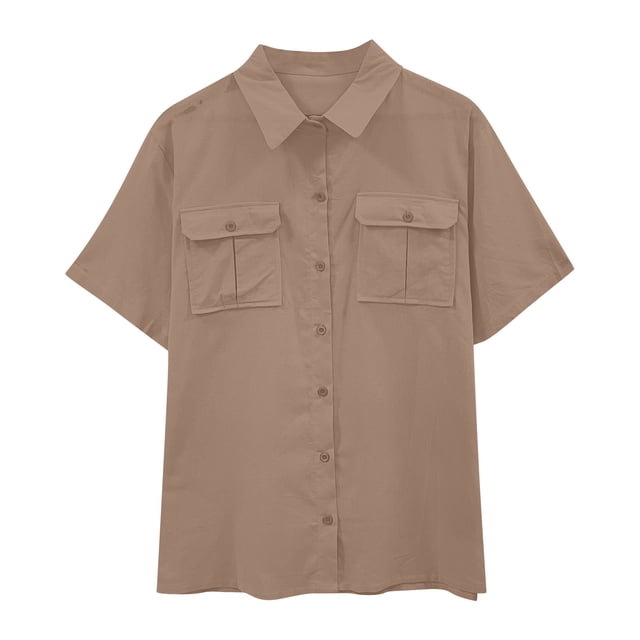 Timegard Cotton Linen Tops for Women, short sleeve button-down shirt in a solid neutral color. Features two front pockets with button closures, a classic collar, and clean lines for a casual yet stylish look. Ideal for summer, spring, and fall wear, and pairs well with jeans, leggings, or slacks for a chic and comfortable outfit.