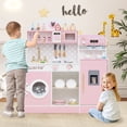 thumbnail image 2 of Honeyjoy Kids Kitchen Set Wooden Kitchen Playset with Clock, Microwave, Sink, Dish Rack Pink, 2 of 10