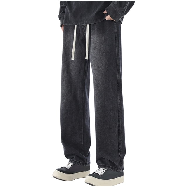 Dagugfen Mens Denim Pants Drawstring Straight Leg Loose Solid Color Classic Fashion Casual Jean Pants