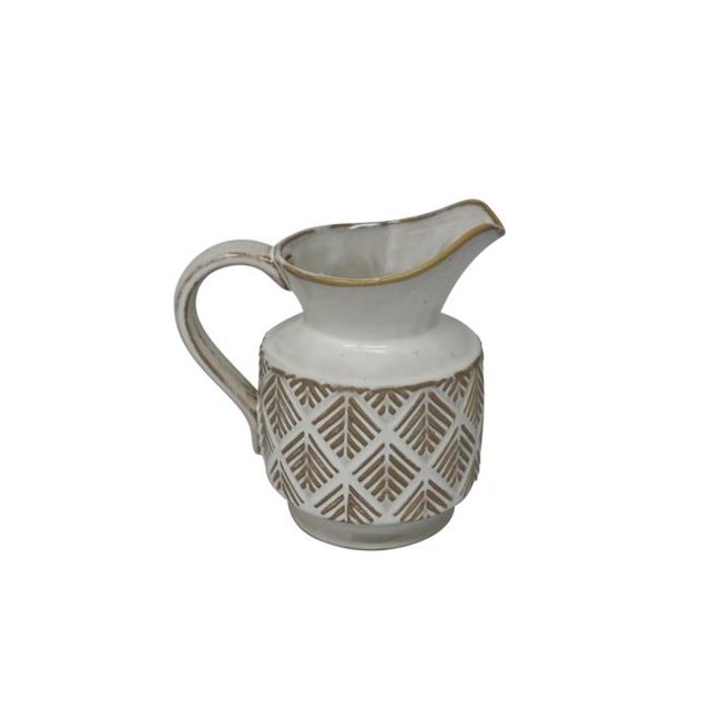 Benzara BM188842 Ceramic Decorative Pitcher with Textured Surface, White & Beige - 7.25 x 5 x 7 in.