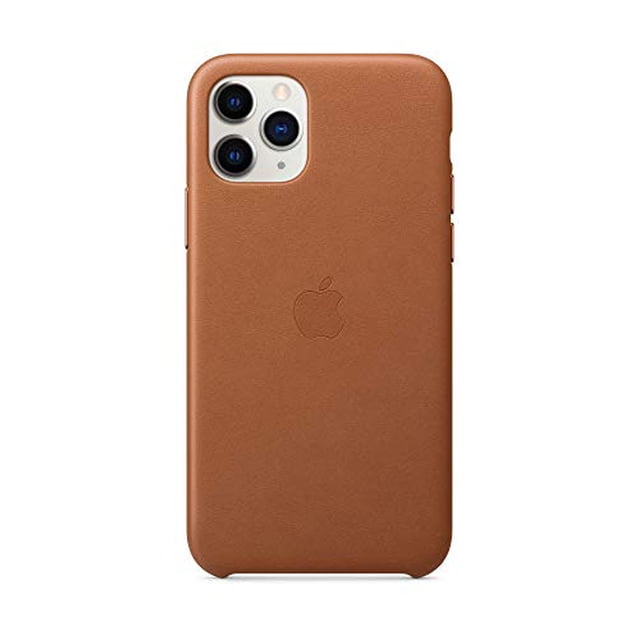 Apple Leather Case for iPhone 11 Pro in Saddle Brown, crafted from European leather with a soft-touch finish that develops a natural patina over time. Features machined aluminum buttons matching the case finish, a microfiber lining for added protection, and compatibility with wireless charging.