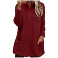 thumbnail image 3 of yoeyez Chandails en Peluche pour Femmes d'Hiver en Molleton Duveteux à Enfiler Col Ras du Cou Manches Longues Tunique Chaud Confortable Duveteux Pyjama Tenue de Détente Haut avec Poches Bourgogne,P, 3 of 7