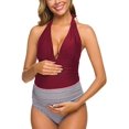 thumbnail image 2 of Maillots de Maternité une Pièce à Rayures, Maillot de Bain à Tour de Cou, Monokini à Col en V Profond, Taille Haute, Rouge (3TG, 2 of 8