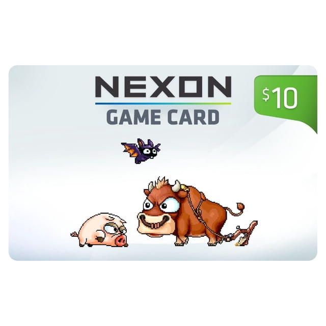 Nexon Game Card $10 Gift Card displaying pixel art characters including a brown bull with a harness, a small pink pig, and a flying purple bat on a light gray background, featuring Nexon branding and $10 value in the top right corner, suitable for adding digital currency to online games.