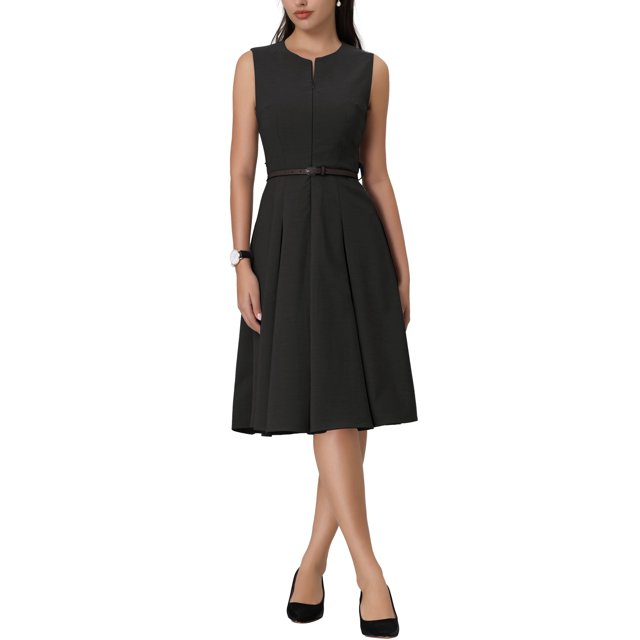 INSPIRE CHIC Robe Sans Manches pour Femme Noire, avec Fermeture Éclair à l'Avant, Taille Ceinturée et Coupe Évasée midi. la Robe à Col Ras du Cou, Ourlet Évasé Plissé, et Est Mi-Doublée, Fabriquée en Mélange de 75 % polyester, 19 % Rayonne et 6 % Élasthanne. Idéale pour le Travail, les Événements Formels Ou les Sorties Décontractées. Présentée avec des Talons Noirs et des Accessoires Minimalistes.