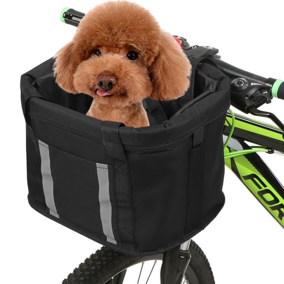 Riwcyla Folding Bike Basket with Reflective Strips Detachable Handlebar Front Basket Pet Cat Dog Carrier Bag Commuting Shopping Handbag