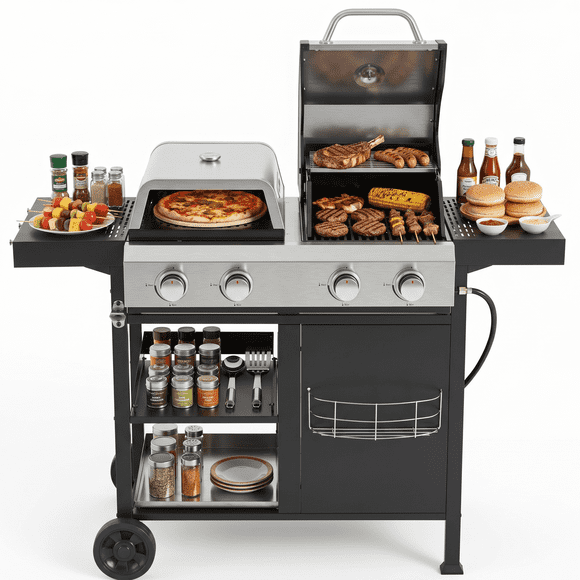 4-Burner 2 in 1 Versatile Propane Gas Grill and Griddle with Double Stainless Steel Lids, BBQ Combo for Backyard Barbecue Cooking