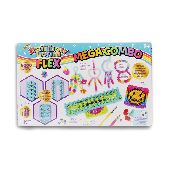 Ensemble de loisirs créatifs Rainbow Loom Flex Mega Combo pour la création de bracelets, multicolore, 6 000 élastiques et 175 perles, dès 7 ans