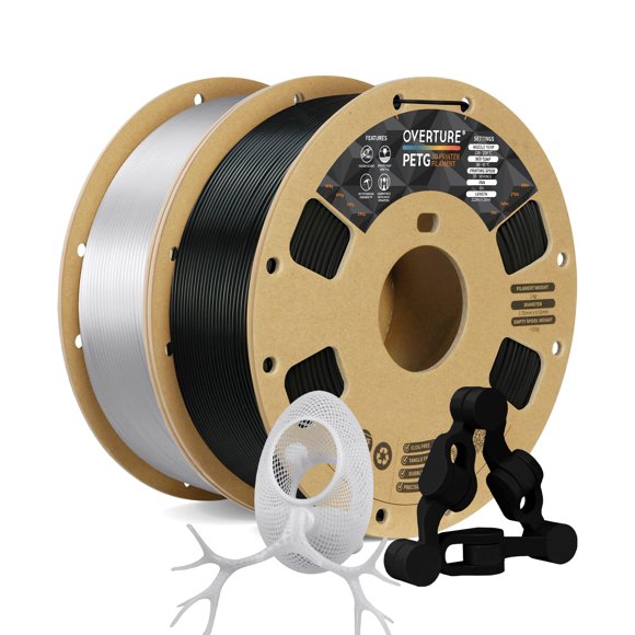 OVERTURE 2KG Bundle PETG 3D Printer Filament 1.75mm Neatly Wound Durable PETG 2 Pack 1kg(2.2lbs) Strong Toughness Filament Dimensional Accuracy +/- 0.02mm Fit Most FDM Printers (Black+Transparent)