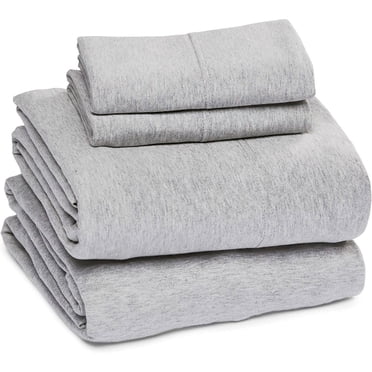 Sleepdown 100% Cotton Jersey Sheets Queen, 4 Piece Bed Sheets Soft Breathable Deep Pocket Queen Size Bed Sheets, Heather Grey