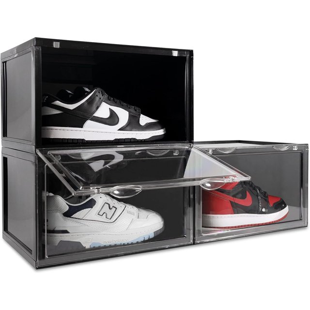 OLLIE XL Shoe Storage Boxes – Foldable and Stackable Organizer for Closet – Clear HardFor Up to Size 13 – Acrylic Shoe Box Storage Containers for Jordan, Sneakers, Boots (3-Pack, Black)