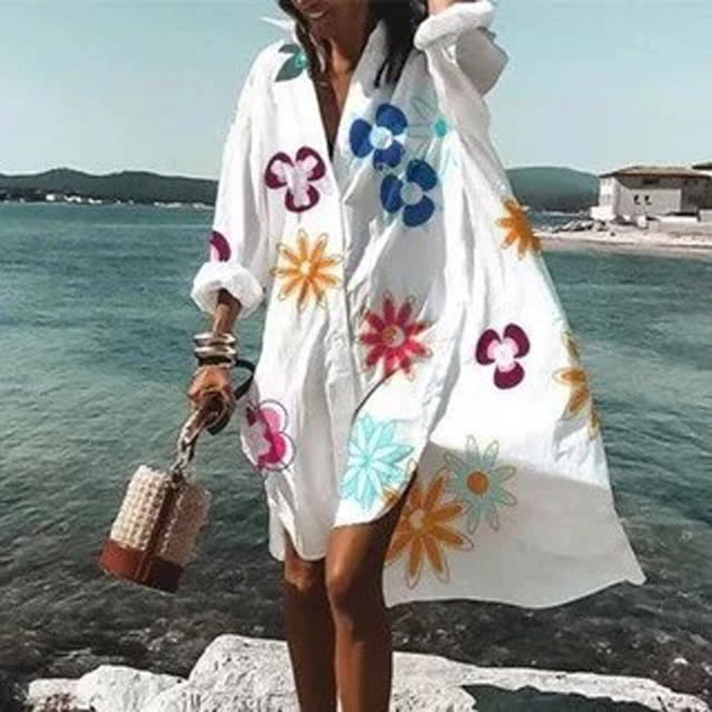 FcBaudy Robe à Manches Longues à Col en V Longueur Cheville, Robes de Printemps pour Femmes, Robes pour Femmes Mode Femmes Col en V Manches Longues Chemise Imprimée Irrégulière Longue Robe Robe Femme