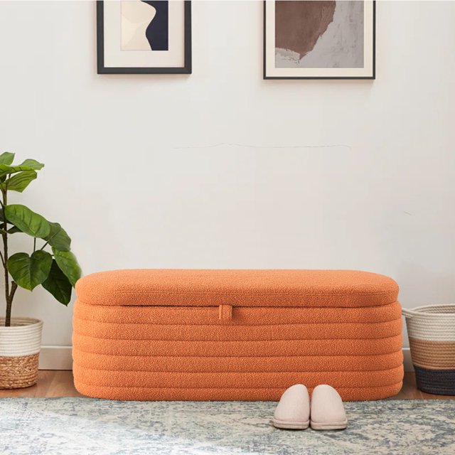 KOSSMAI Upholstered Tufted Strip Storage Bench Ottoman 45.5" For Living Room Bed Room Office Entry Orange