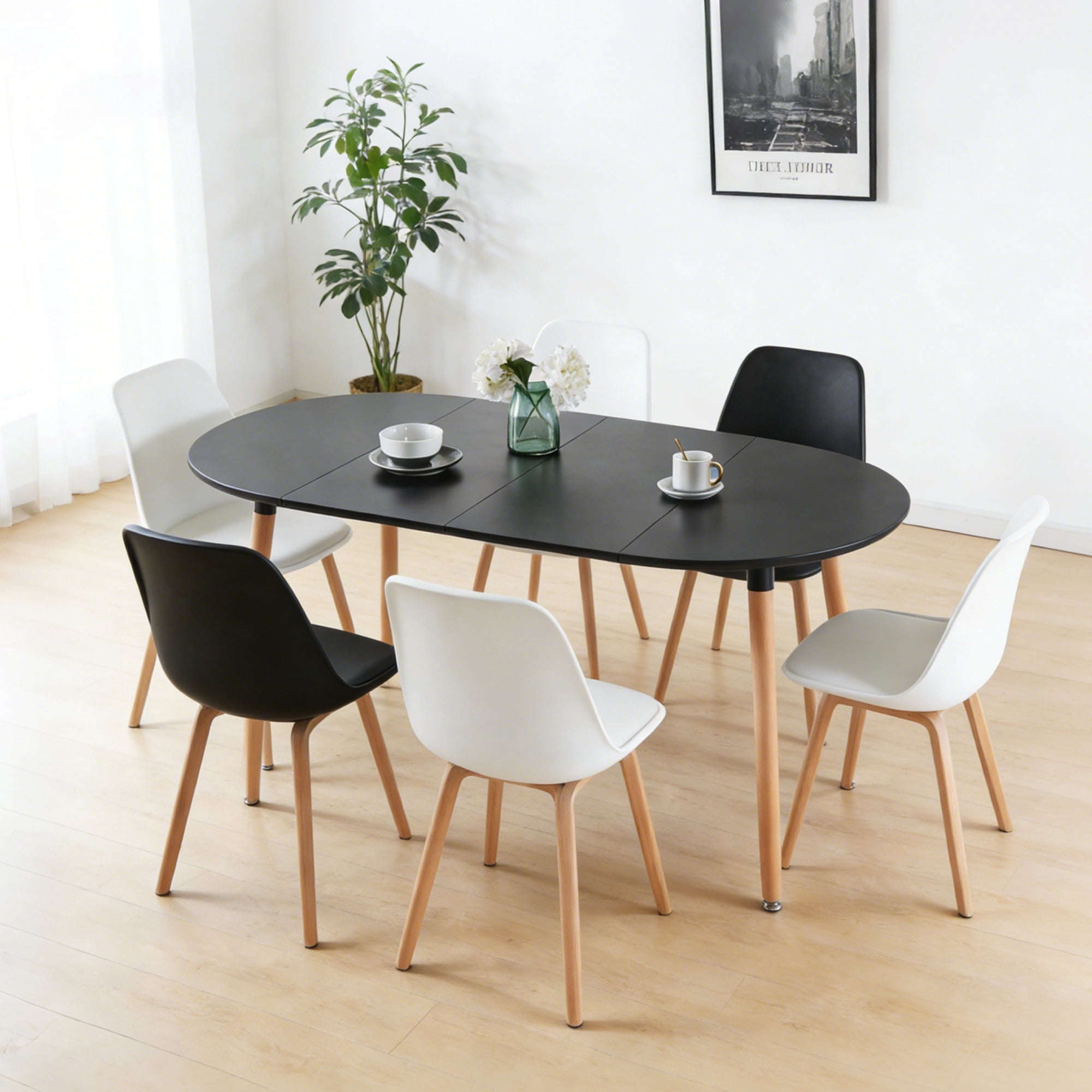 Noble House Table à Manger Ronde Extensible, Pied en Bois, Dessus de Table en MDF Noir, Utilitaire Polyvalent, Noir