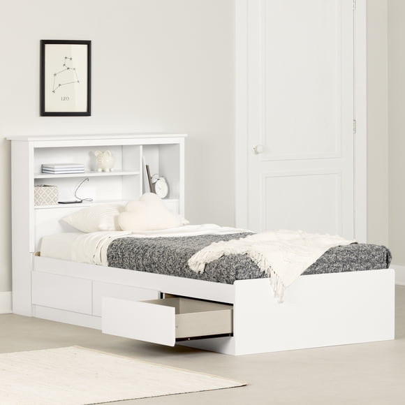 South Shore Vito Twin Mates Bed With Bookcase Headboard Set, in Pure White