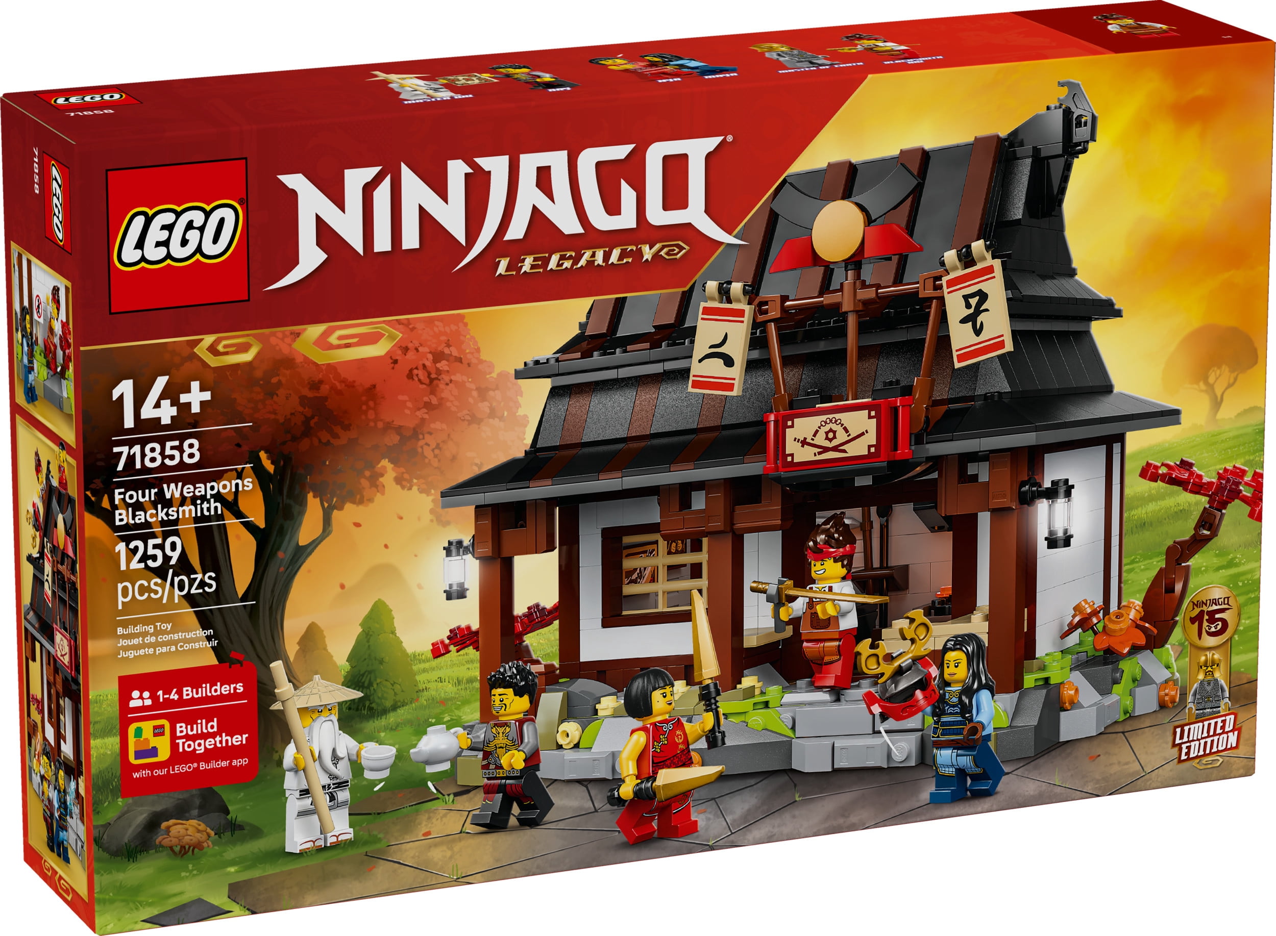 LEGO NINJAGO Four Weapons Blacksmith 15th Anniversary Building Toy for Kids, Ages 14+ - Ninja Playset W/Collectible Elemental Master of Earth + 4 Minifigures - Gift Idea for Teen Boys & Girls - 71858
