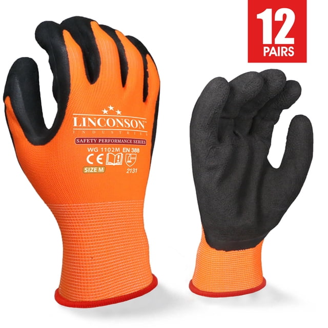 LINCONSON 12 pack Safety Performance Series Construction Mechanics Work Gloves (XL, Orange)