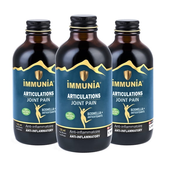Immunia Douleur Articulaire - Anti-Inflammatoire Naturelle. Aide à Soulager la Douleur Articulaire. Faite de Polyphénols Extraits de fruits Antioxydants et de Boswellia serrata. Sans Sucre Ajouté. Fait au Canada (3 Bouteilles)
