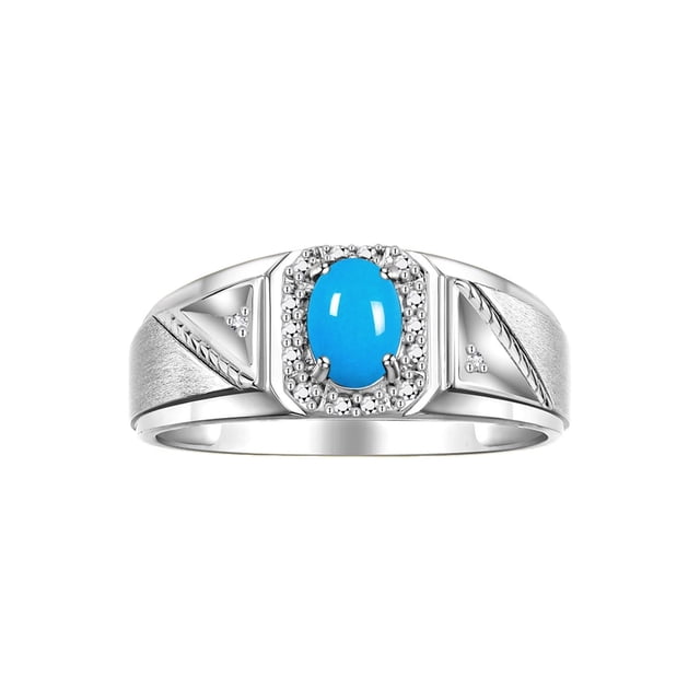 RYLOS Men's Rings 14K White Gold Classic 7X5MM Oval Gemstone & Diamond Ring Turquoise December Birthstone Rings For Men Size 9