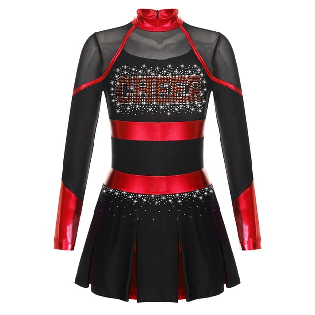 Lejafay Robe de Danse de Cheerleading Ballet pour Filles Uniforme Scolaire Robe Plissée à Manches Longues Tenues d'Halloween Noir&Rouge 10