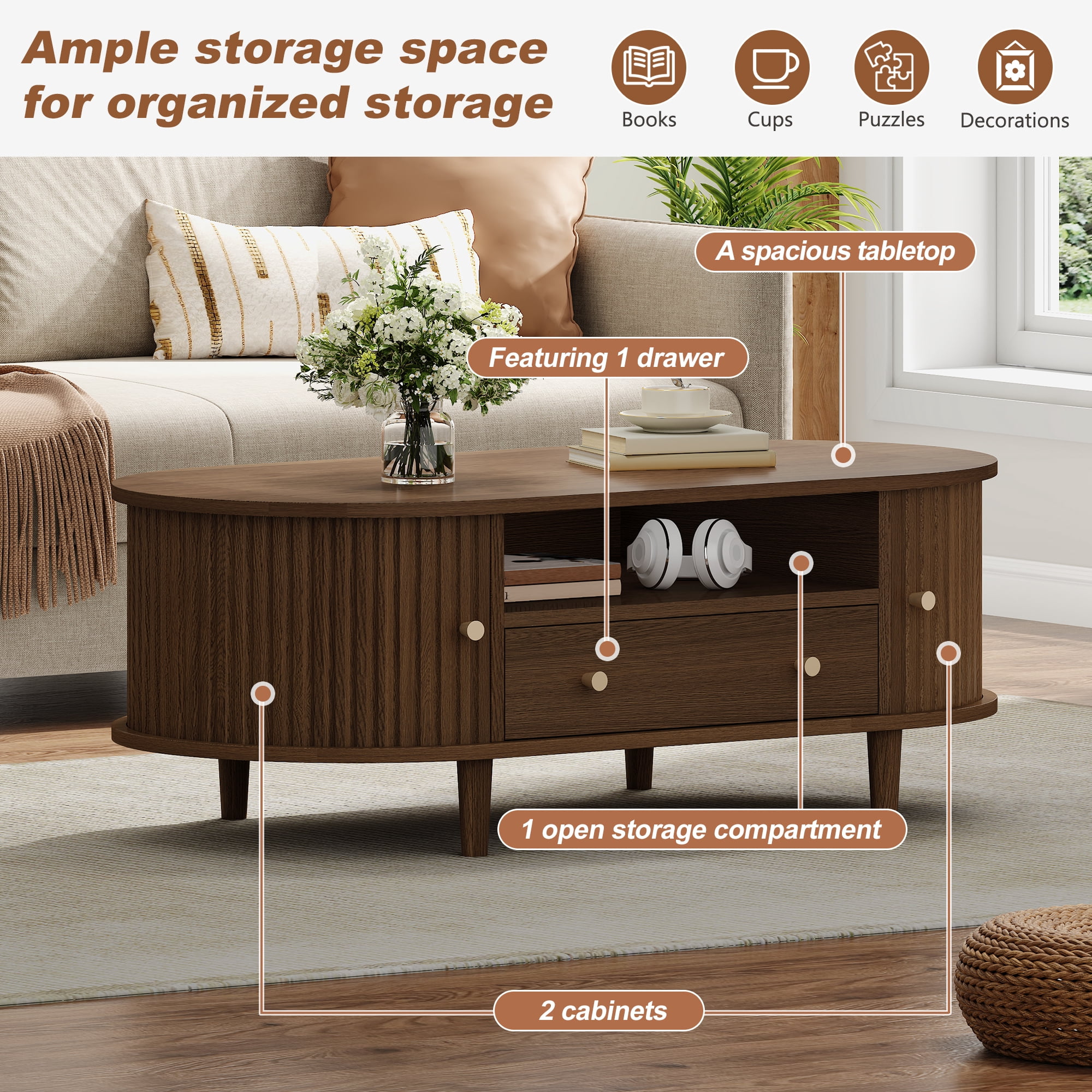 Homy Casa table basse ovale noyer avec tiroir, tablette ouverte et portes tambour pour le salon