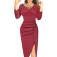 thumbnail image 1 of Robe de Soirée Clignotante à Manches Longues Plissée Fendue de Couleur Unie à Col en V pour Femmes, 1 of 6