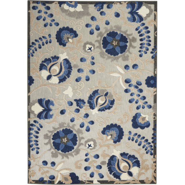 HomeRoots Natural and Blue Indoor Outdoor Area Rug, 5' x 8', Flat-Woven, Stain-Resistant