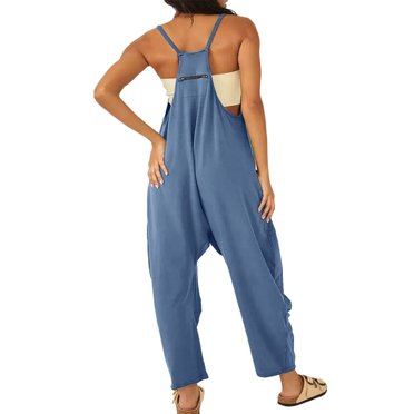 Pxiakgy Women's Casual Sleeveless Jumpsuits V Neck Spaghetti Strap Overalls Long Pants Romper with Two Pockets Jumpsuits for Women 2024 Size:S-5XL
