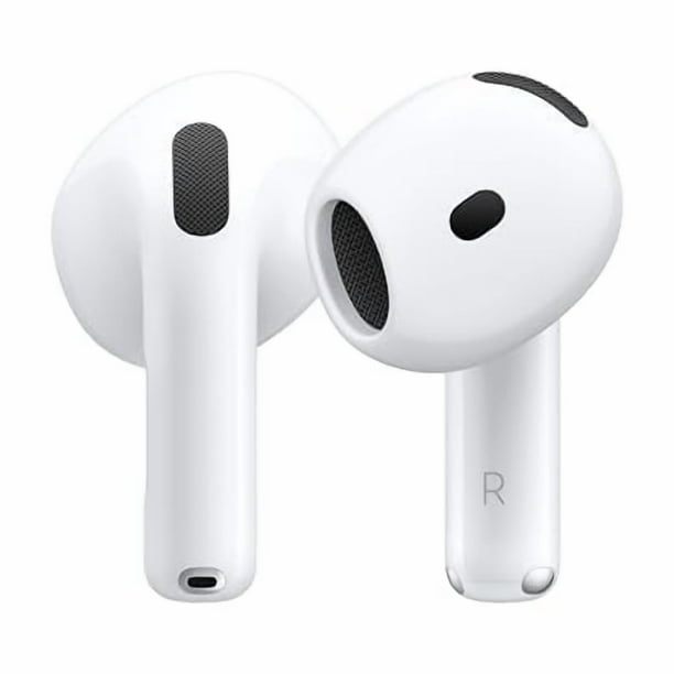 Restored Apple AirPods 4 Wireless Earbuds in white, featuring Adaptive Audio for balanced sound. These Bluetooth earbuds offer up to 6 hours of playback on a single charge, extendable to 30 hours with the included MagSafe charging case. Designed with IPX4 water and sweat resistance, they are suitable for active lifestyles. This refurbished fair unit is fully functional with visible signs of wear, providing excellent value.