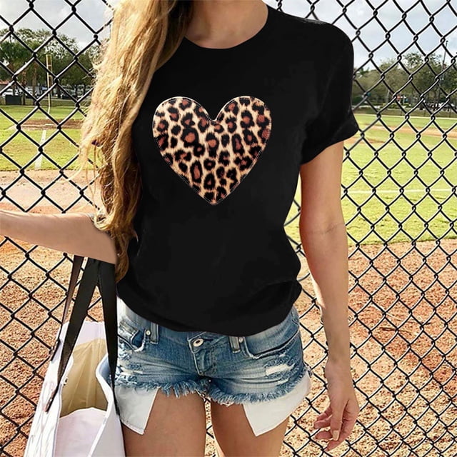 Soki T-Shirts Décontractés pour Femmes à Imprimé Léopard, Col Rond, Manches Courtes