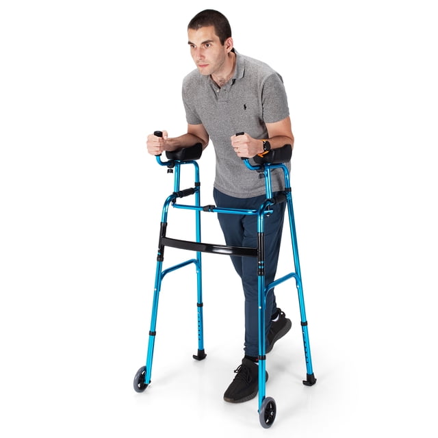 Costway Folding Wheel Walking Frame Adjustable Alloy Walker with armrest support shown in use. This mobility aid features a sturdy aluminum alloy frame in blue and black, detachable ergonomic armrest pads, and sponge handles for comfort. It includes two front wheels and two foot pads for stability and easy movement. The height and armrests are adjustable to accommodate users of different heights. The lightweight design allows for one-click folding for convenient storage and portability, making it ideal for rehabilitation and assisting with walking difficulties.