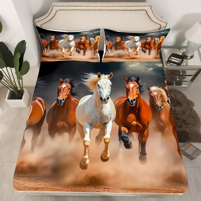 Erosebridal Ensemble de Draps-Housse Cheval de Course Jumeau, Literie 3D Animal Taille Jumeau, Décor Rustique de Ferme, 2 Pcs (Sans Drap Plat)