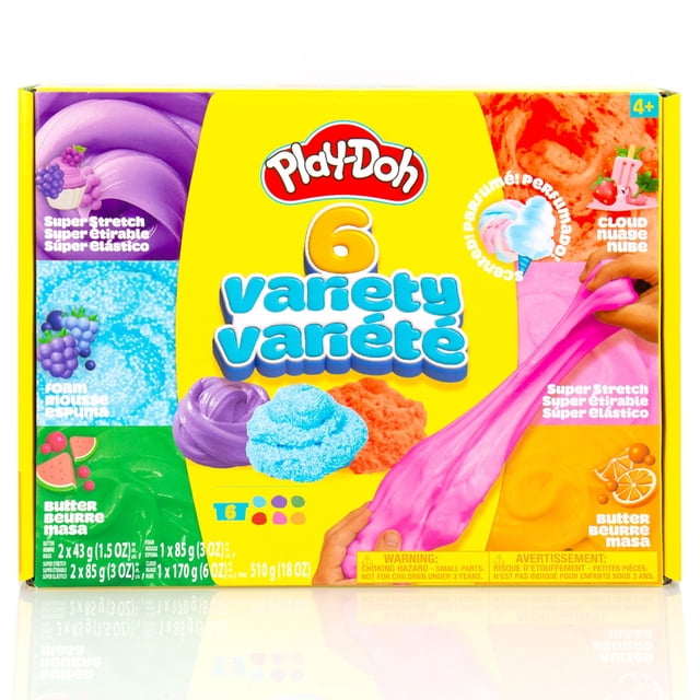 Play-Doh Emballage de 6 Composés Variés Présentant six types de Pâte Parfumée, Dont Barbe à Papa Super Extensible au Raisin Violet et Rose, Mousse Framboise Bleue, Nuage Fraise Rouge, et Melon d'Eau Verte et Beurre orange, avec Pâte Super Extensible Rose à Étirer à la Main sur Fond Blanc.