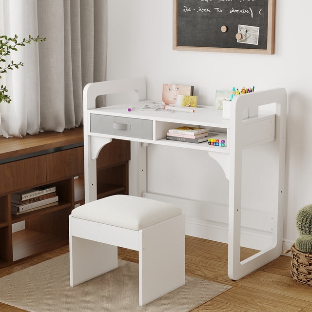GloryStar Study Desk & Chair Set, Wooden Writing Table with Fabric Drawers and Built-In Pen Holder for Neat, Organized Learning Spaces