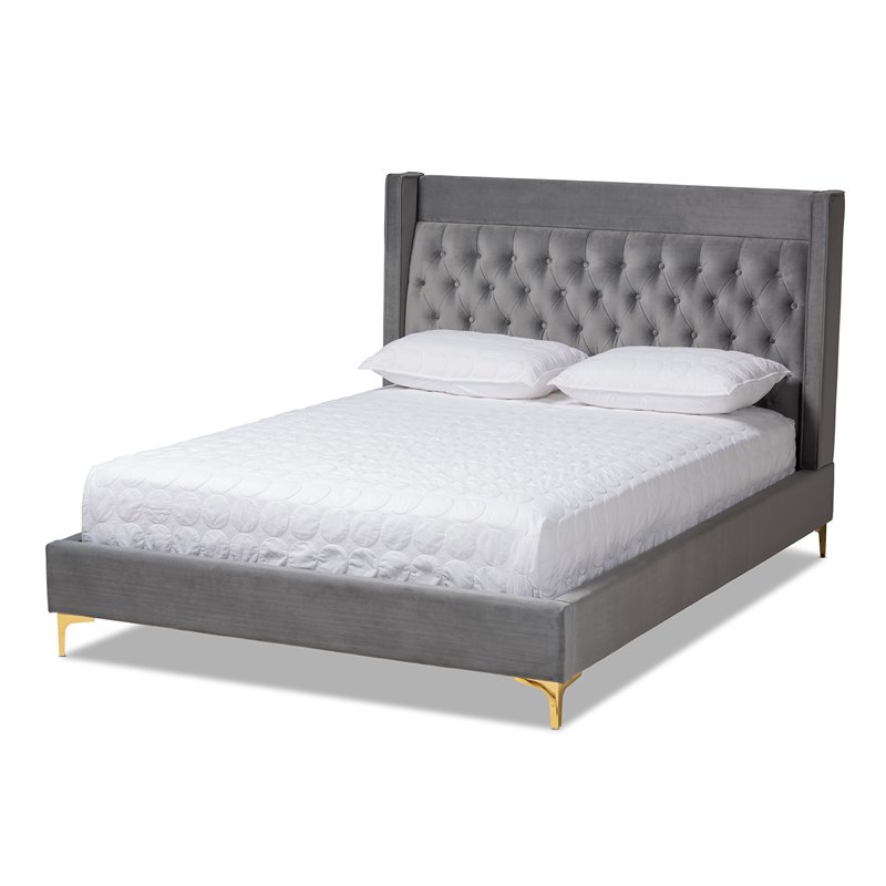 Bowery Hill Tufted Velvet Fabric Platform Queen Bed in Dark Gray