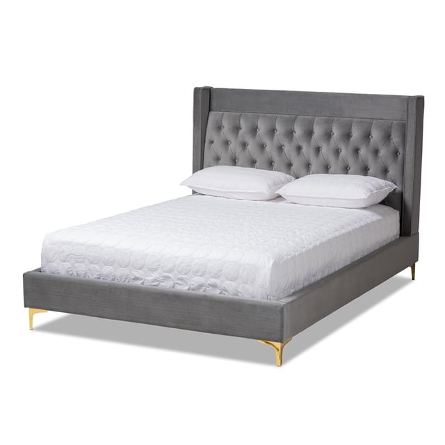 Bowery Hill Lit Plateforme Grand Format en Tissu de Velours Capitonné, Gris Foncé