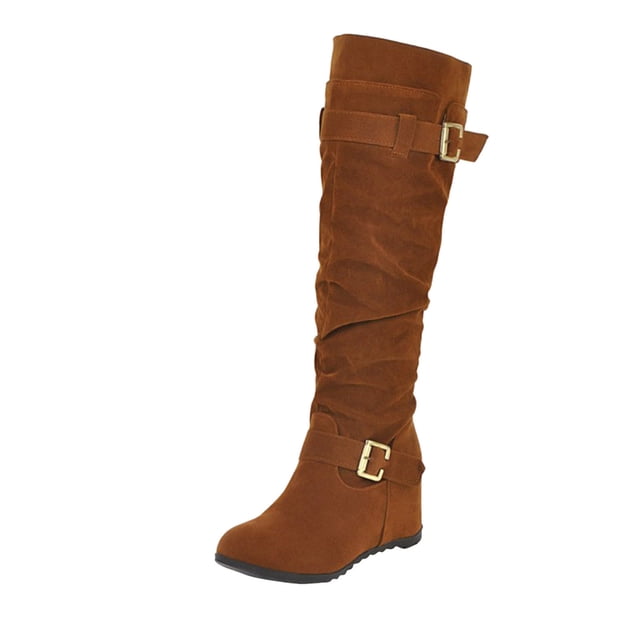 Bottes Mode pour Femmes Hauteur Genou avec Talon Compensé Surélevé et Boucle de Ceinture Stylée pour un Style