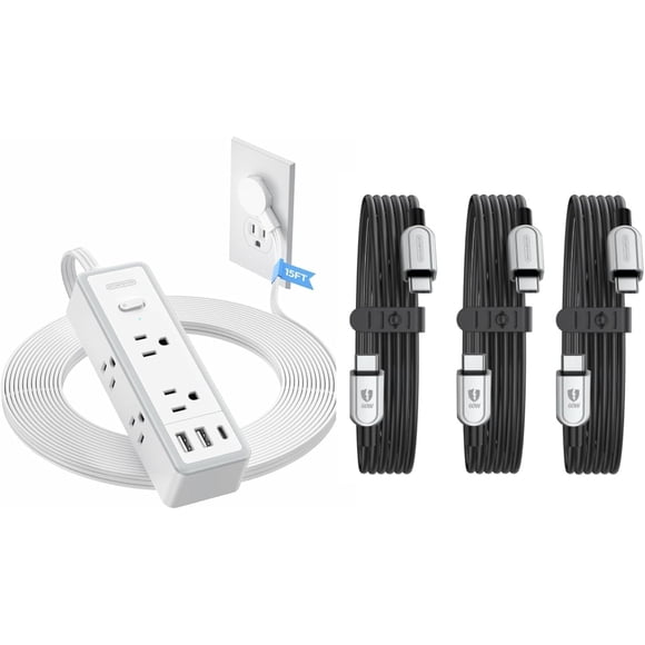 15 ft Extension Cord, 1080J Surge Protector Power Strip, Flat Extension Cord with 6AC Outlets and 3USB Ports(1USB C)+60W USB C Cable
