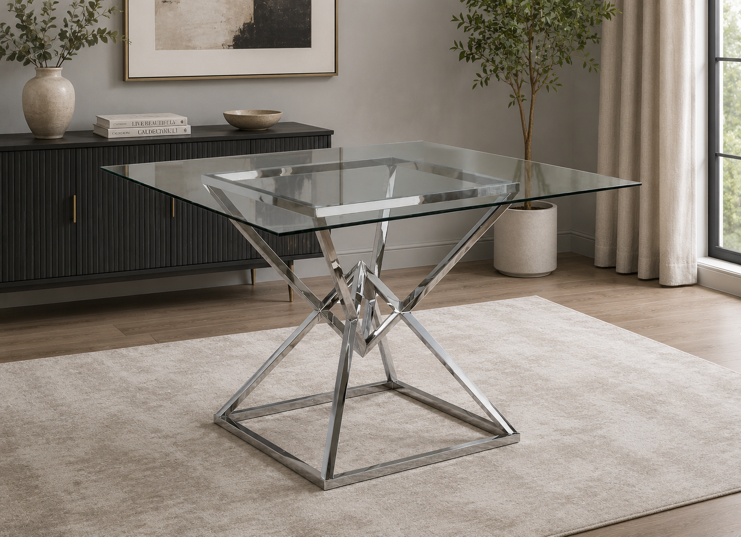 K-Living Juliet Tempered Glass Dining Table with Chrome Stainless Steel Base